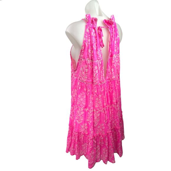 Juliet Dunn Pink Floral Sleeveless Halter Ruffle Tiered Swing Mini Sun Dress 2 - Picture 6 of 10